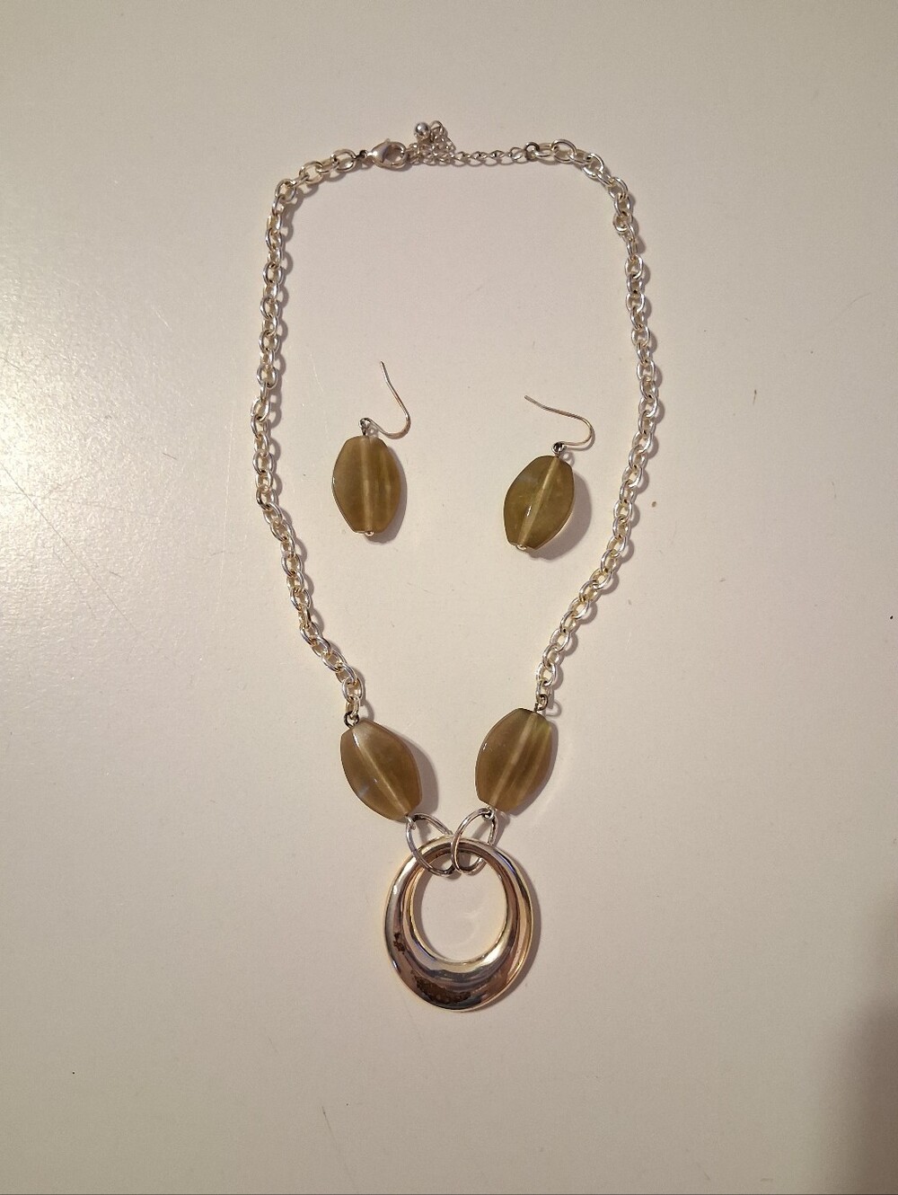 Brown Bead and Silver Ring Necklace & Earring Set